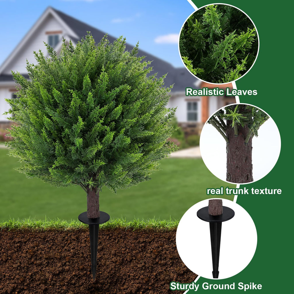 23" Artificial Cedar Topiary Ball Trees Set of 2 with Ground Spikes