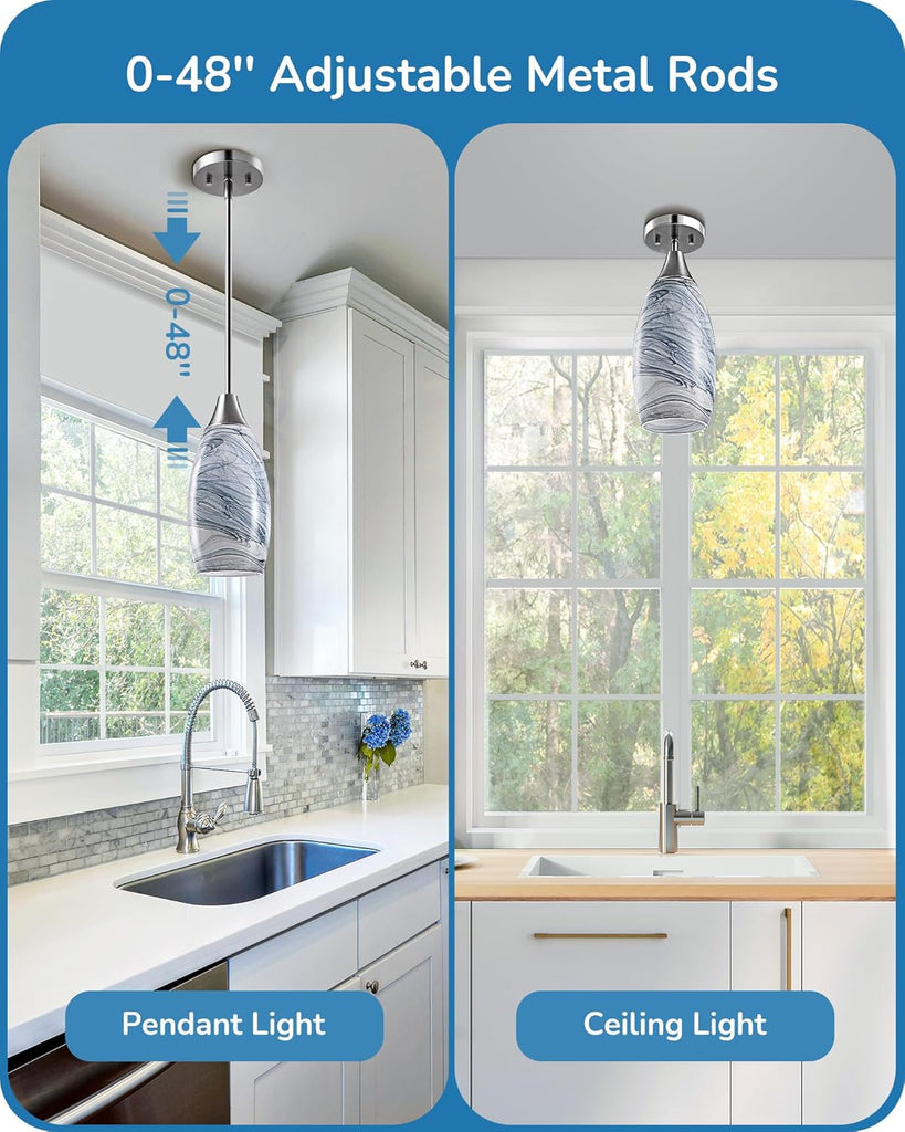 Pendant Light Fixture, Handcrafted Art Glass Hanging Light, Hardwired Ceiling Light, Grey Marble Glass Shade