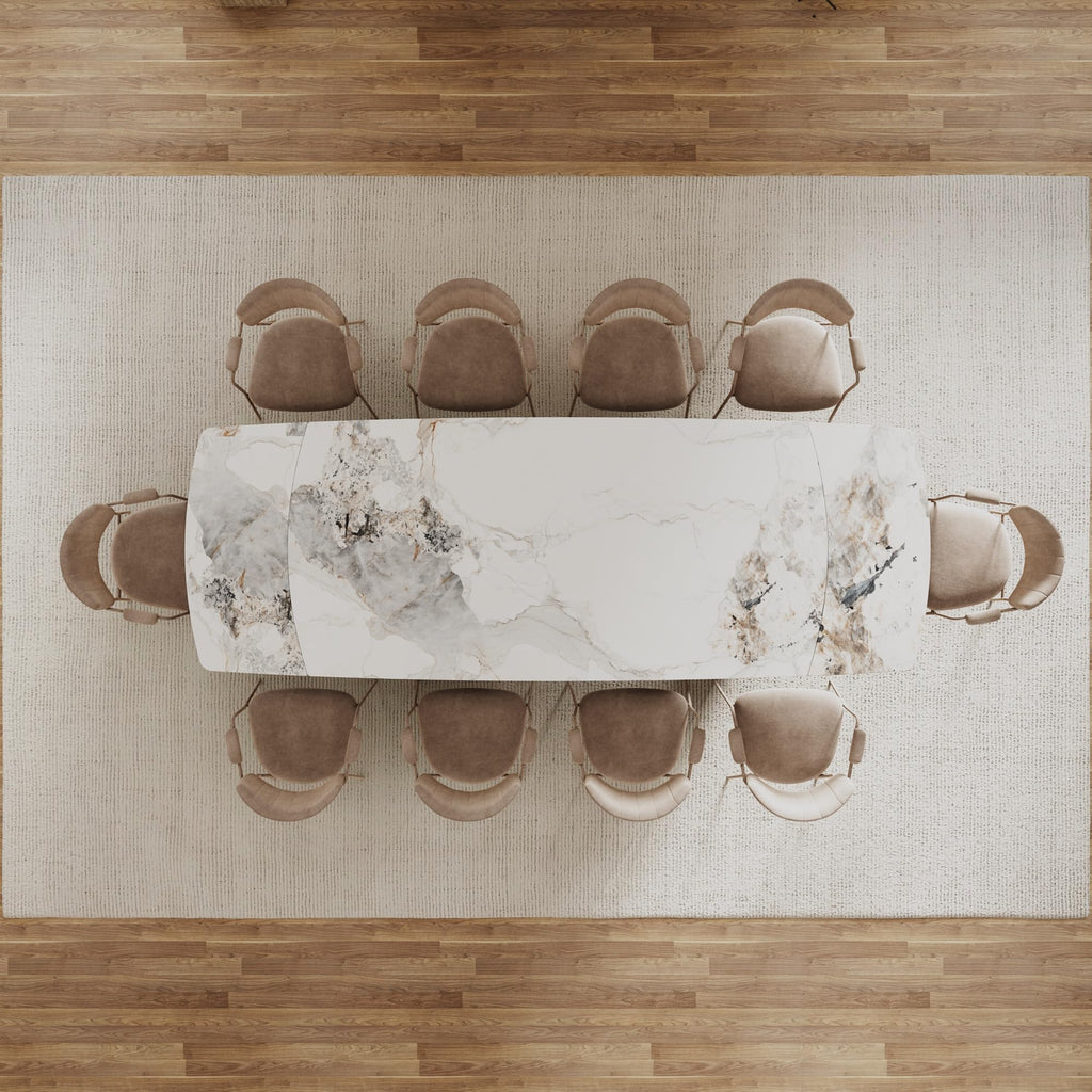 Extendable Dining Table with Leaf, 78"-110" Rectangular Sintered Stone, Marble-Look Top, Seats 6-14, Metal Base