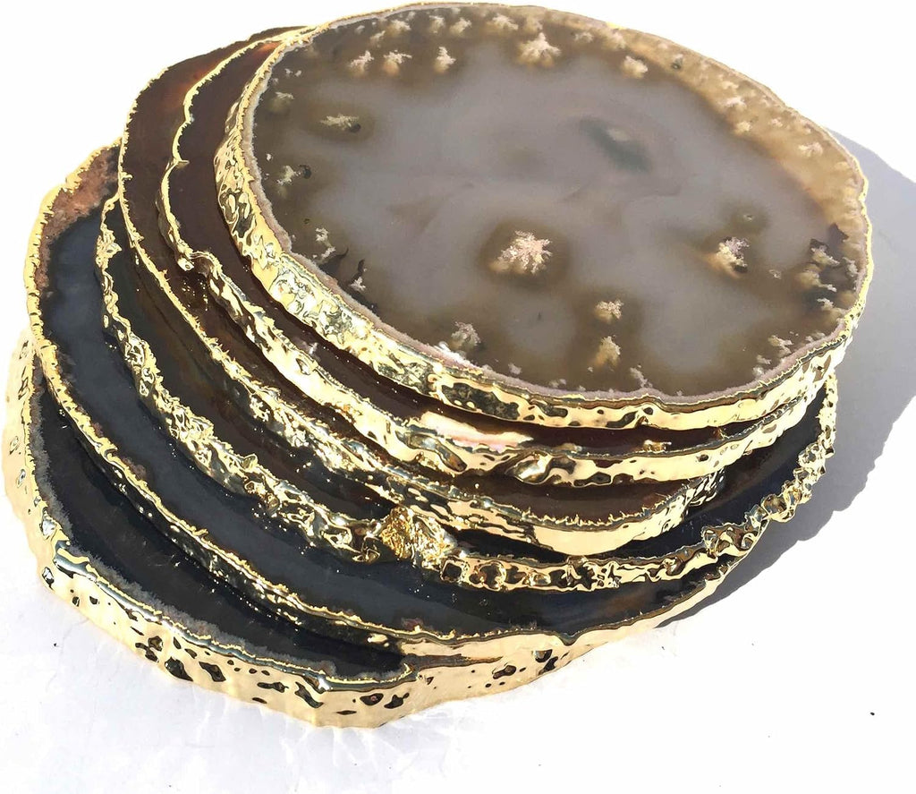 Golden Plated Natural Agate Coasters, Set, 3-4", with Rubber Bumper - Set of 6