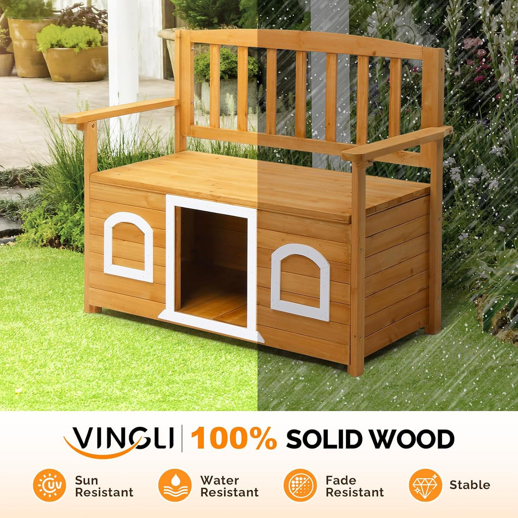 Outdoor Dog House, Wood Bench with Dog House for Small Pets, Outdoor Cat House with Flip Seat for Easy