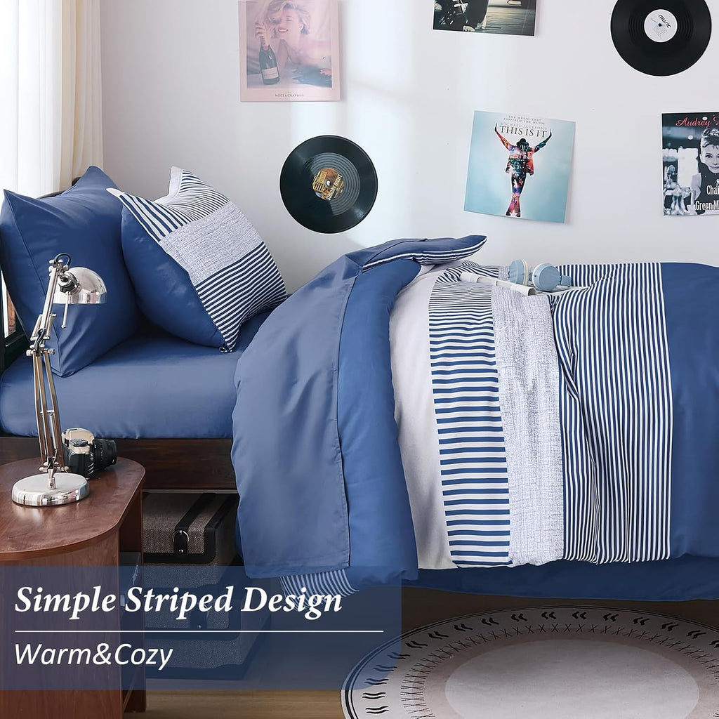 Twin Comforter Navy Blue Striped Comforters for Boys&Girls,5 Pieces Bed in A Bag Simple Neutral-Style Bedding Sets