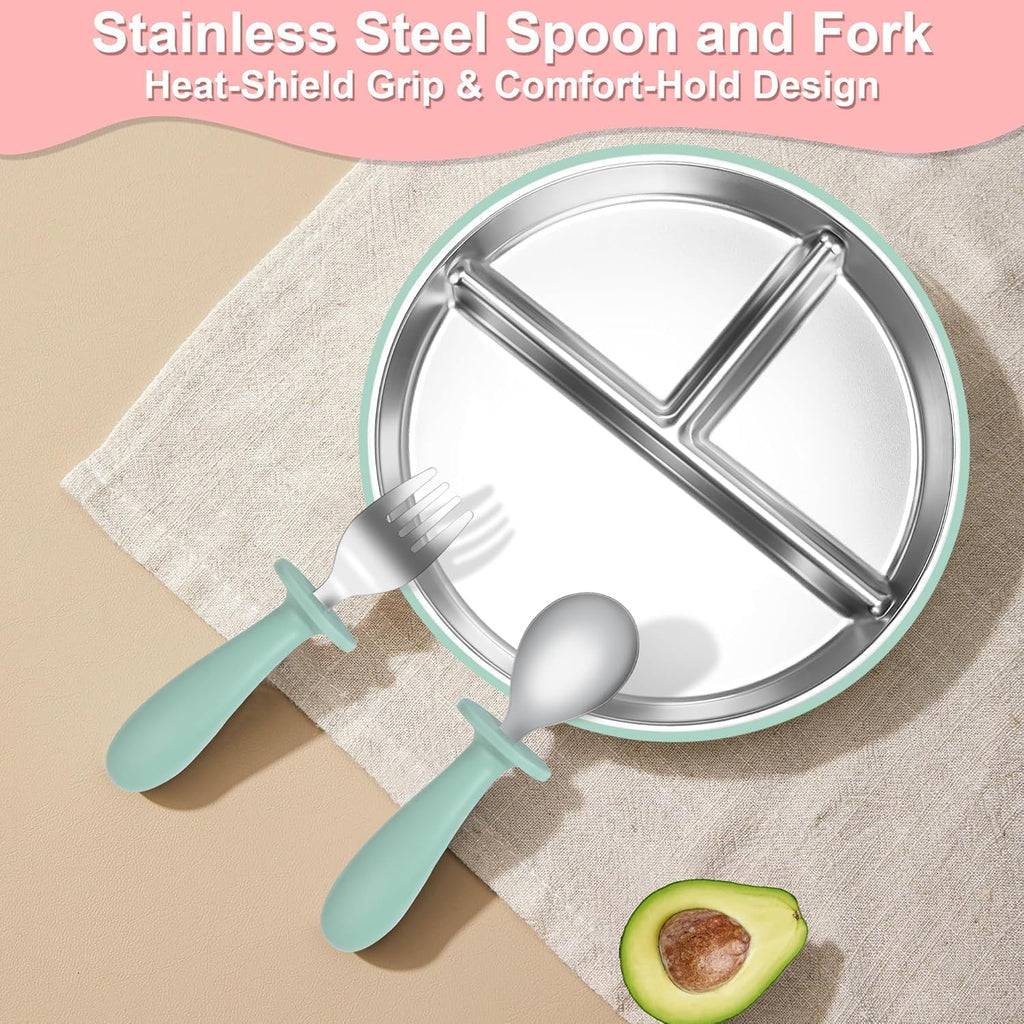 Feeding Set, 2 Pack Stainless Steel Divided Plate with Silicone Suction, 2 Set Spoons and Forks, BPA Free, Dishwasher