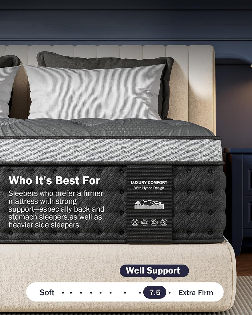 Firm King Size Mattress 14 inch, Cooling Hybrid King Mattress in a Box | Hotel-Collection 5-Zoned Support for Spinal