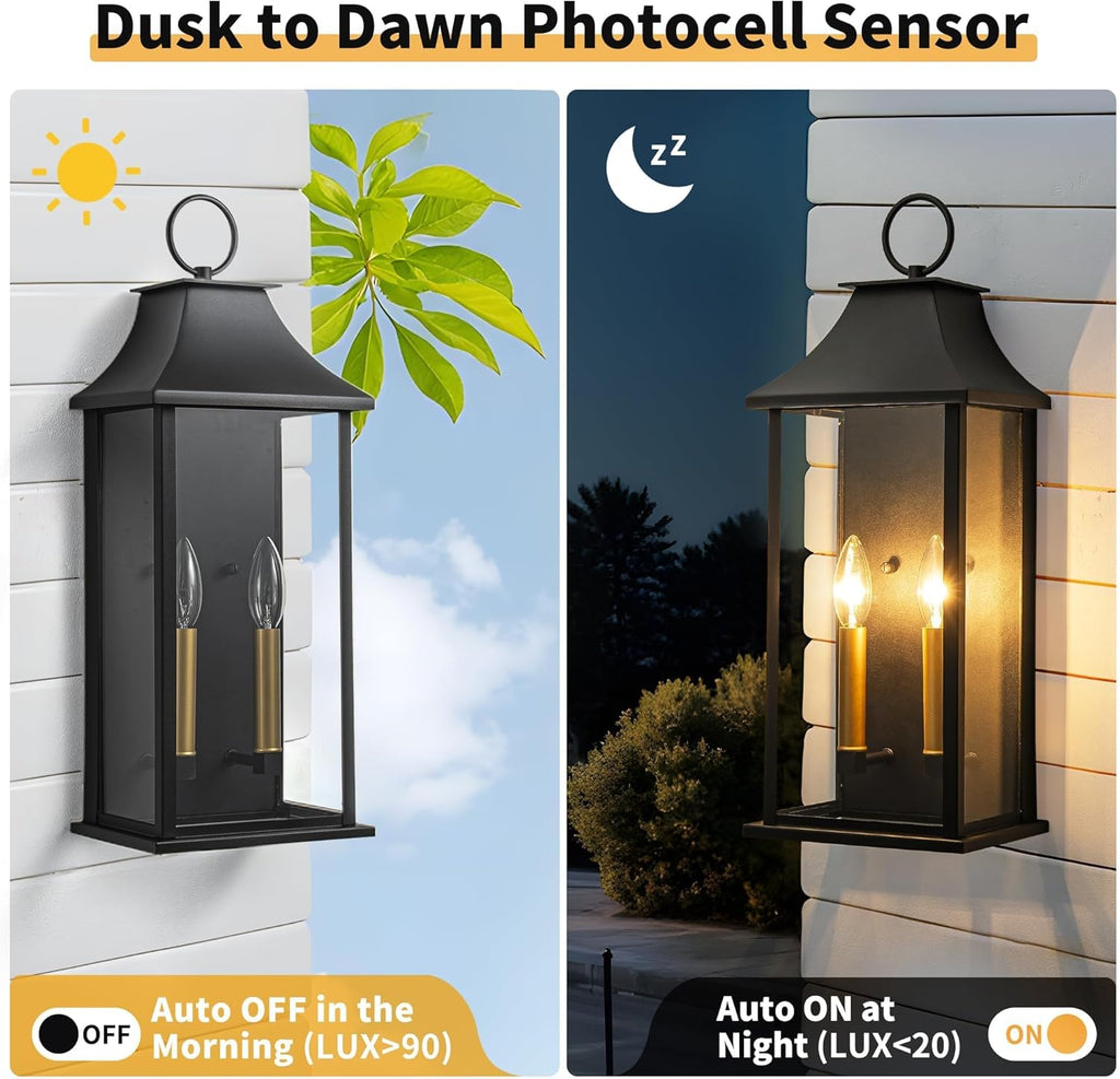 Dusk to Dawn Outdoor Wall Lantern 2-Light, 20.6" Large Outside Wall Sconce, Modern Black Wall Light Fixture with Glass