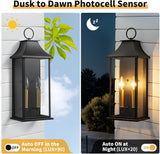 Dusk to Dawn Outdoor Wall Lantern 2-Light, 20.6" Large Outside Wall Sconce, Modern Black Wall Light Fixture with Glass