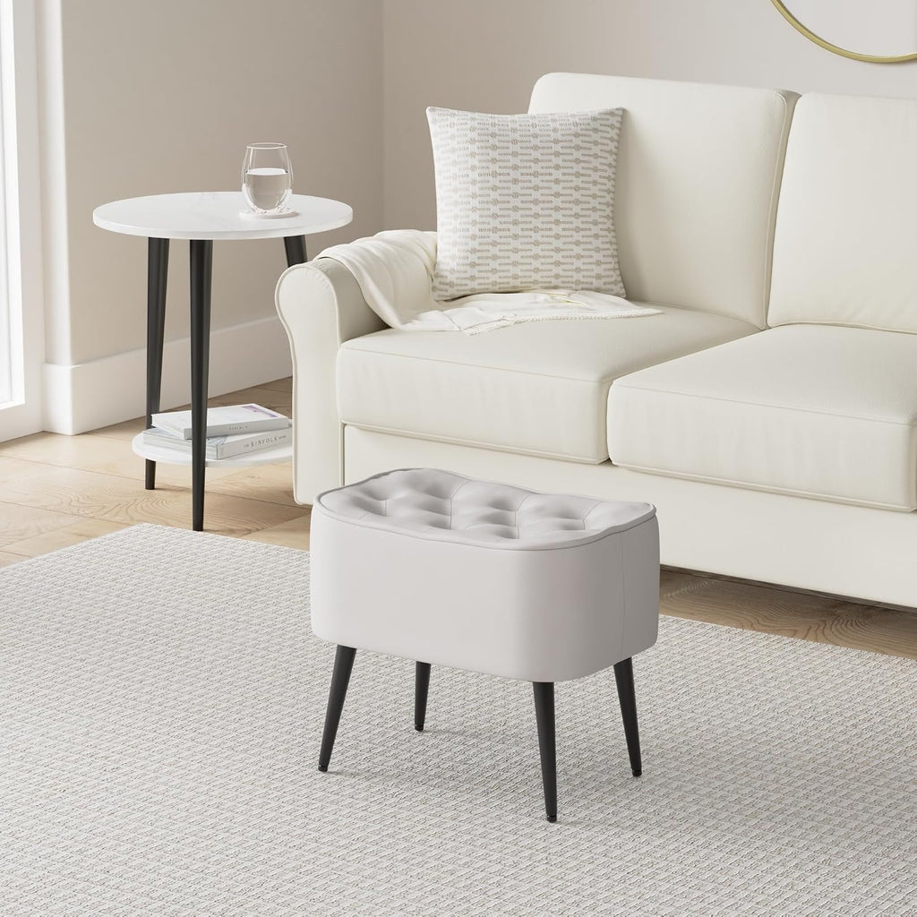 Tufted Curve Ottoman Velvet Foot Stool - Modern Upholstered Padded Footrest - Small Cushioned Accent Chair for Couch