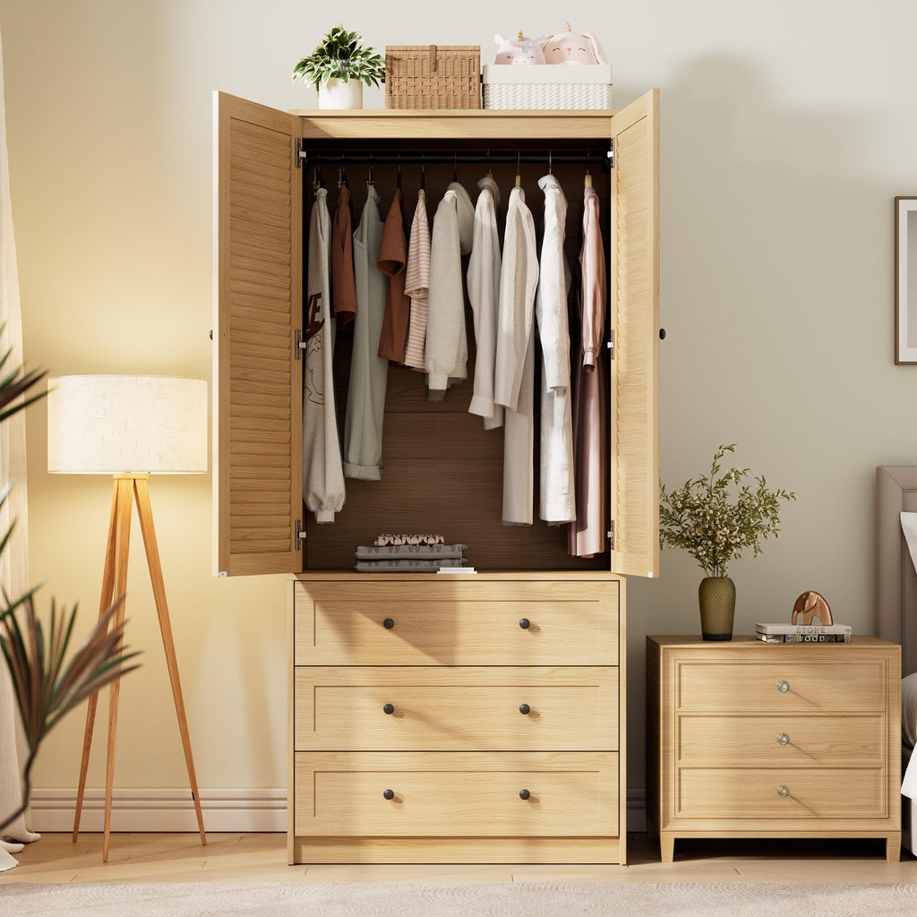 70" Wardrobe Armoire Wooden Closet with 2 Doors and 3 Drawers, Oak