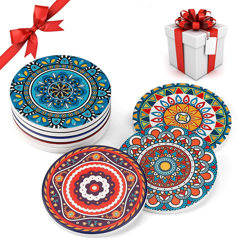 Coasters for Drinks, Set of 8 Absorbent Stone Coasters for Wooden Table, Mandala Ceramic with Cork Base, Gift warming