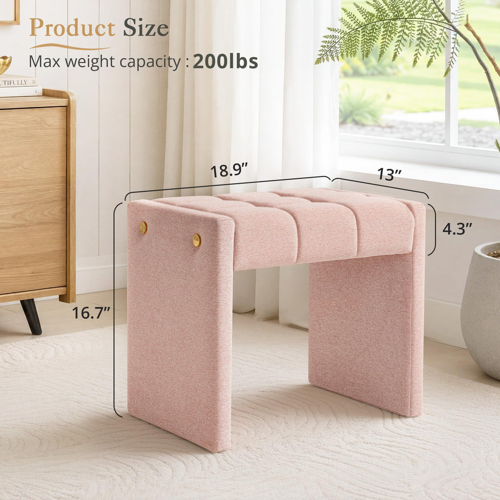 Modern Grid Tufted Vanity Bench Stool, 4.33'' Thick Chenille Upholstered Ottoman Footstool for Makeup Room, Bedroom &