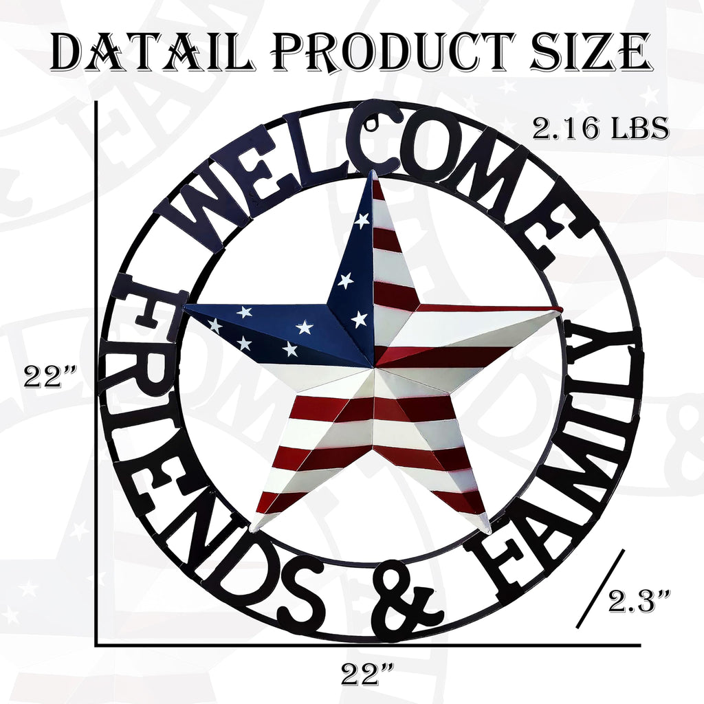 22" Patriotic Metal Barn Star Welcome Sign Wall Sculptures, American Flag Design Outside Wall Decor, Metal Star for