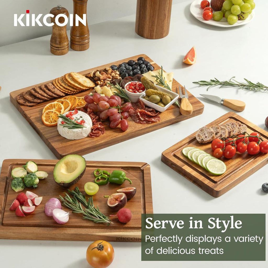 Acacia Wood Cutting Board Set of 3, Wooden Cutting Boards with Deep Juice Grooves, Butcher Block Wooden Chopping