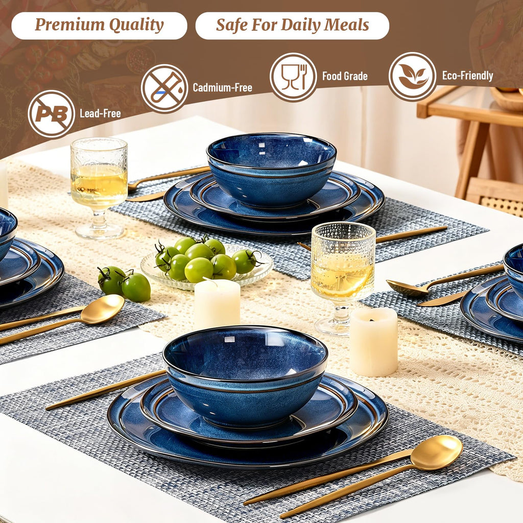 Plates and Bowls Sets 12 Pieces, Blue Reactive Glaze Dinnerware Set