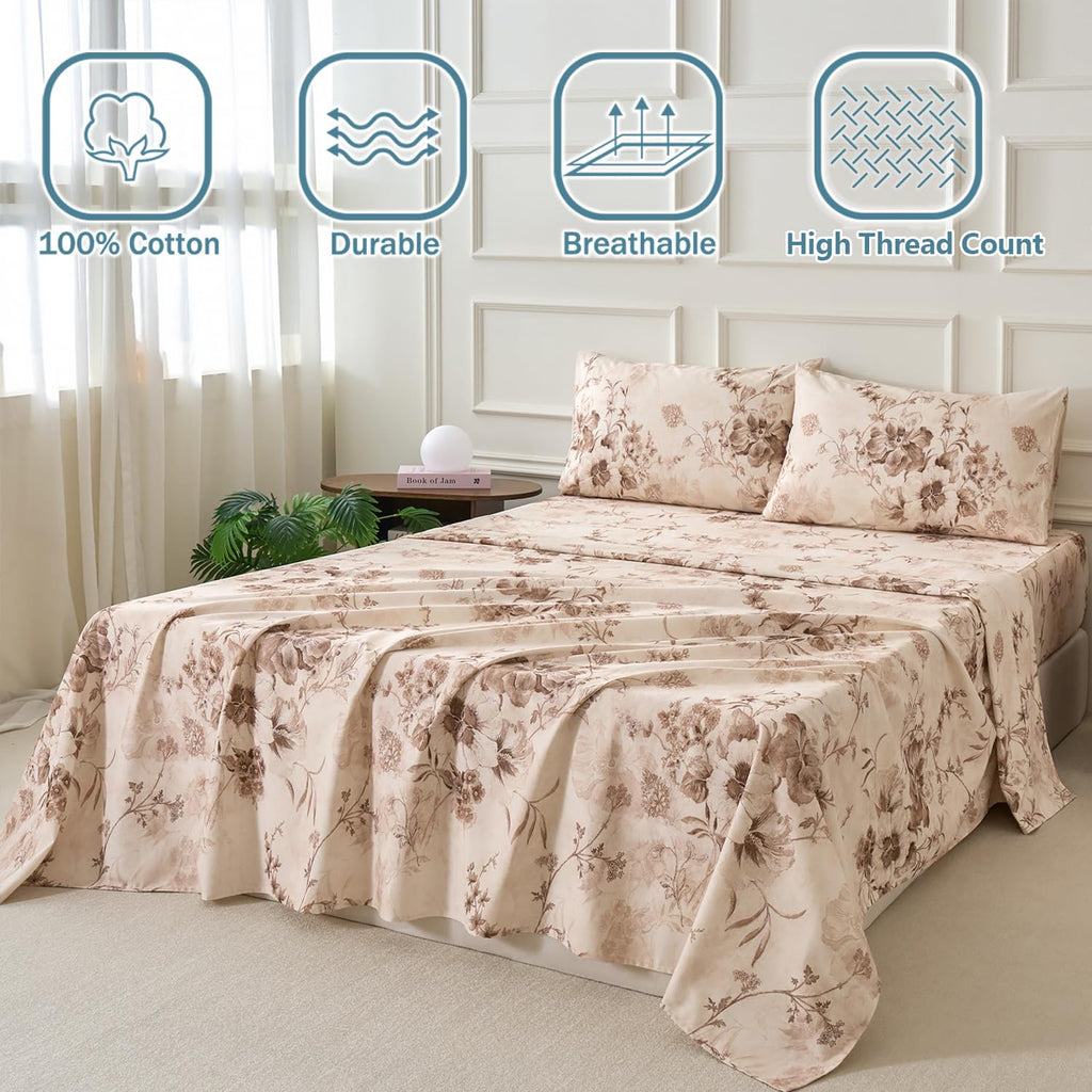 Brown Sheet Set 100% Cotton Flannel-Like Warm Luxury Peony Toile Floral Bed Sheets 4Pc Deep Pocket 17.5"