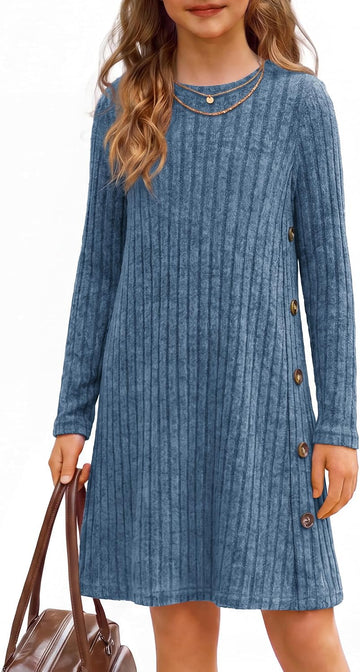 Girls Long Sleeve Dress Fall Winter A-Line Buttons Casual Dresses