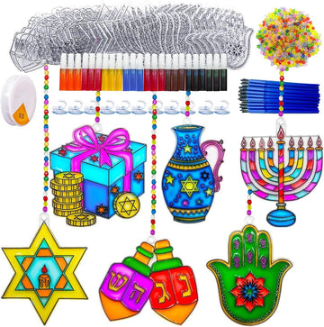 Suncatchers Kit 30Sets Hanukkah Suncatchers Window Art Paint Sun Catcher DIY Craft Kits Chanuka Dreidel Star - Set of 30