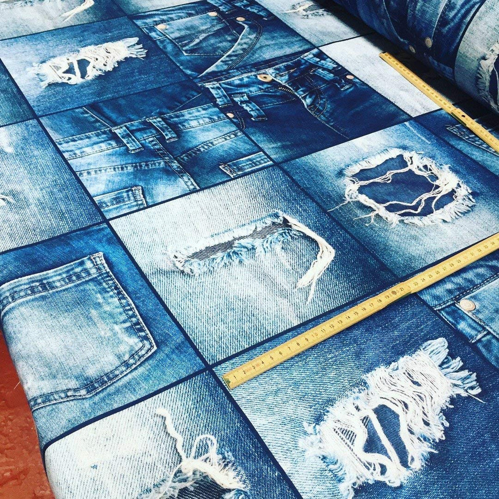 Denim Effect Fabric for Interior Decoration, Curtains - Blue Patchwork Cotton Material - Digital Print Canvas - 55''