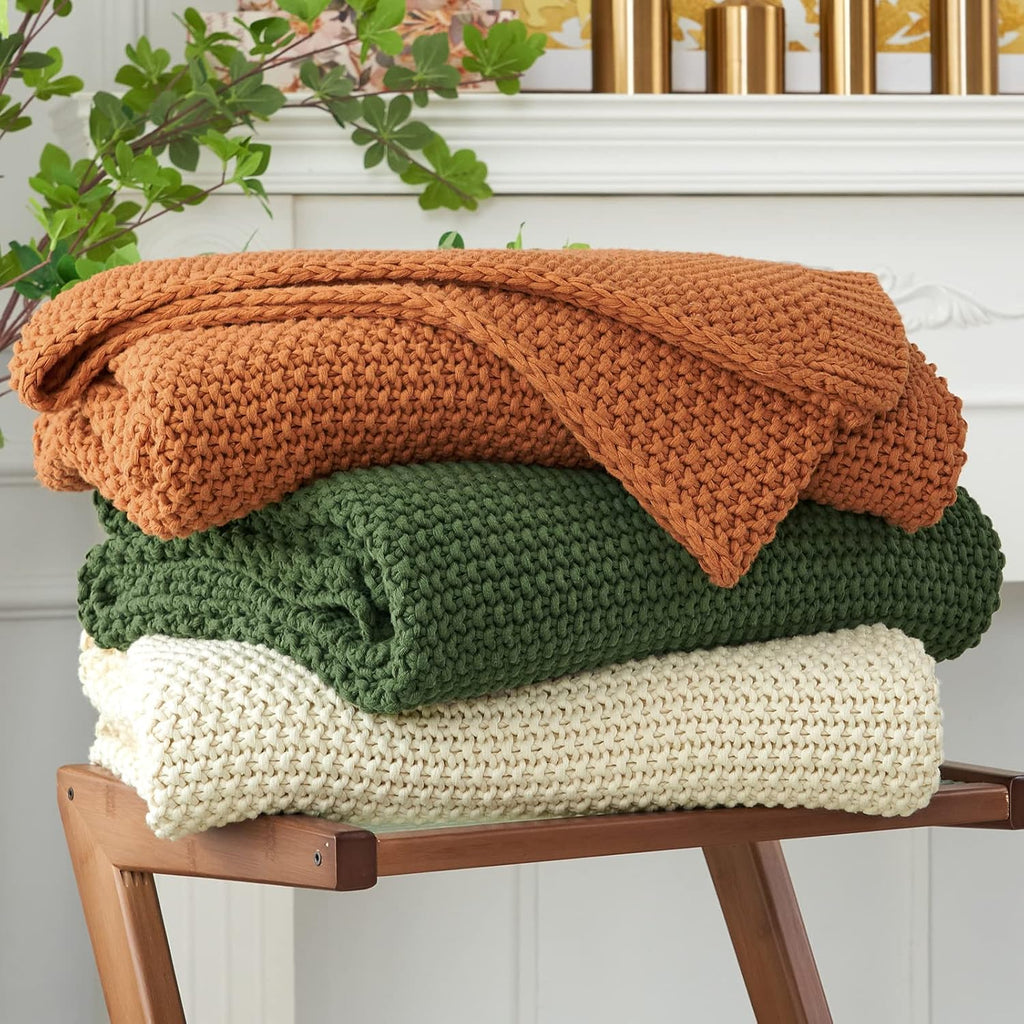 Chunky Cable Knit Throw Blanket Lightweight Beige 100% Organic Cotton Blanket, Rustic Shabby Chic Modern Farmhouse