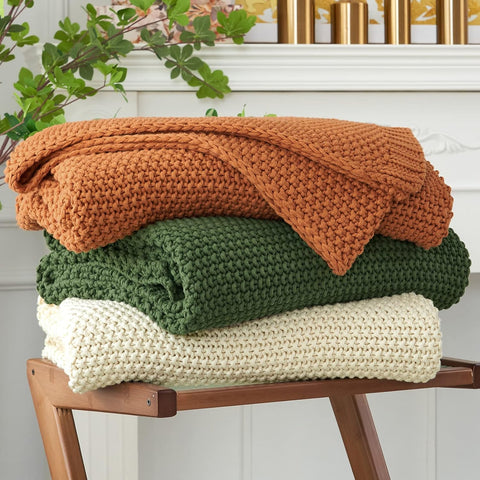 Chunky Cable Knit Throw Blanket Lightweight Burnt Orange 100% Organic Cotton Blanket, Rustic Shabby Chic Modern