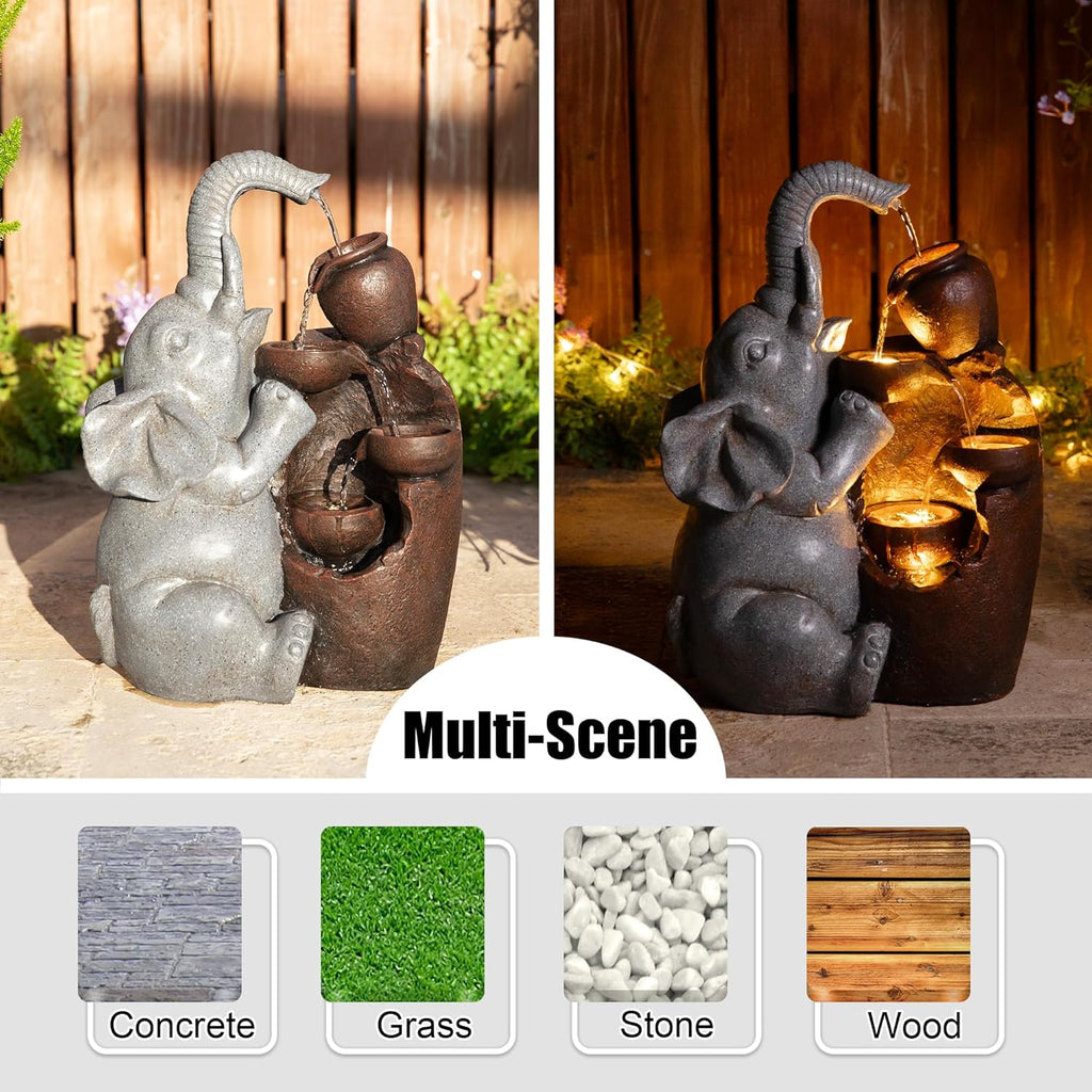 Outdoor Water Fountain, 4-Tiered Elephant and Pot Outdoor Fountain with Lights, 18.5" H Polyresin Decorative
