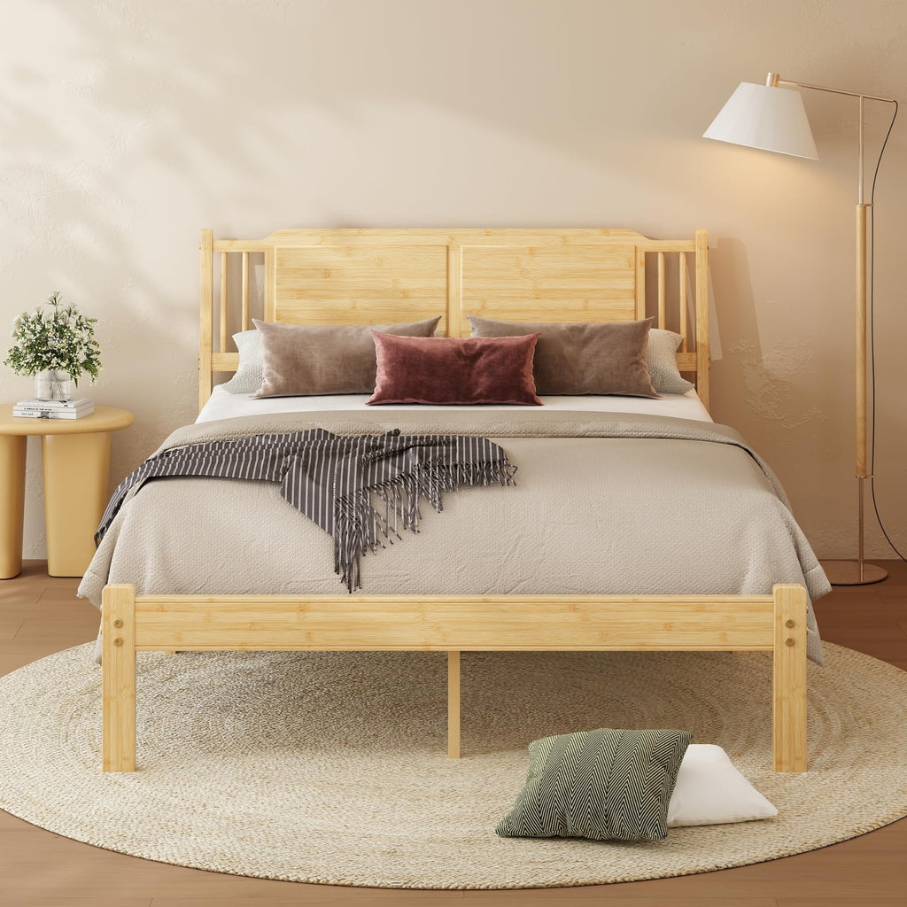 Bamboo Full Bed Frame with Headboard, 14 inch Wood Platform Bed Frames Full Size No Box Spring Needed, Rustic