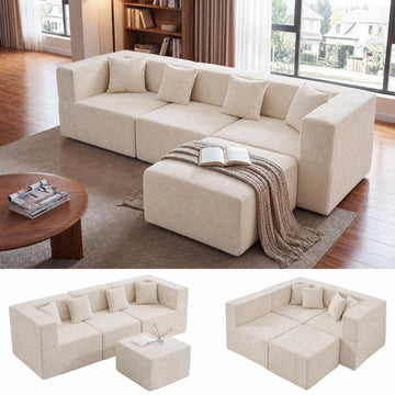 L Shaped Boneless Sectional Couch Oversized, Chenille, Beige