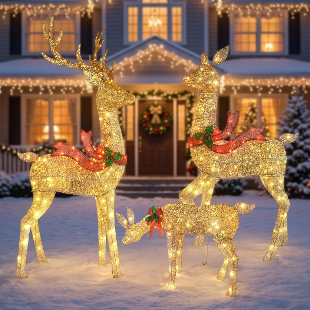 5.2FT Animatronic Christmas Reindeer Family Set - 3Pcs Large Lighted Christmas Deer with 300 LEDs & 3 Motors, Moving
