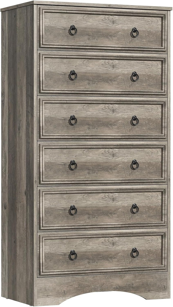 6 Drawer Dresser 52" Tall , Wood 6 Chest Drawers, Storage for Clothes, Narrow Large Drawers, Taupe Vintage