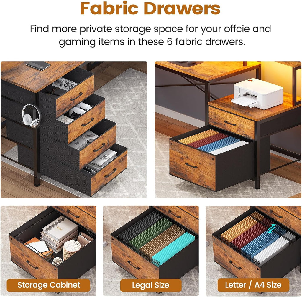 L Shaped Computer Desk with 6 Drawer, File Drawer & Power Outlet | 108" Corner Desk with Monitor Shelf, File Cabinet
