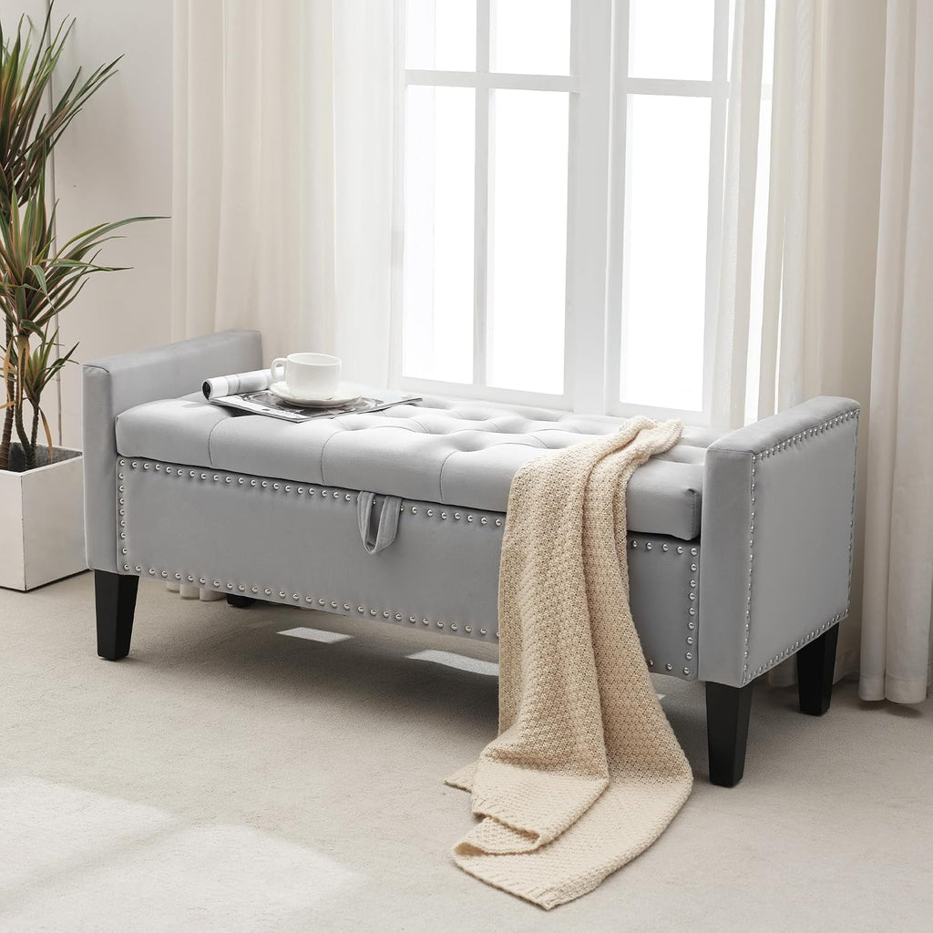 Velvet Storage Ottoman Bench, 46'' Upholstered Button Tufted End of Bed Bench, Modern Storage Bench , Grey