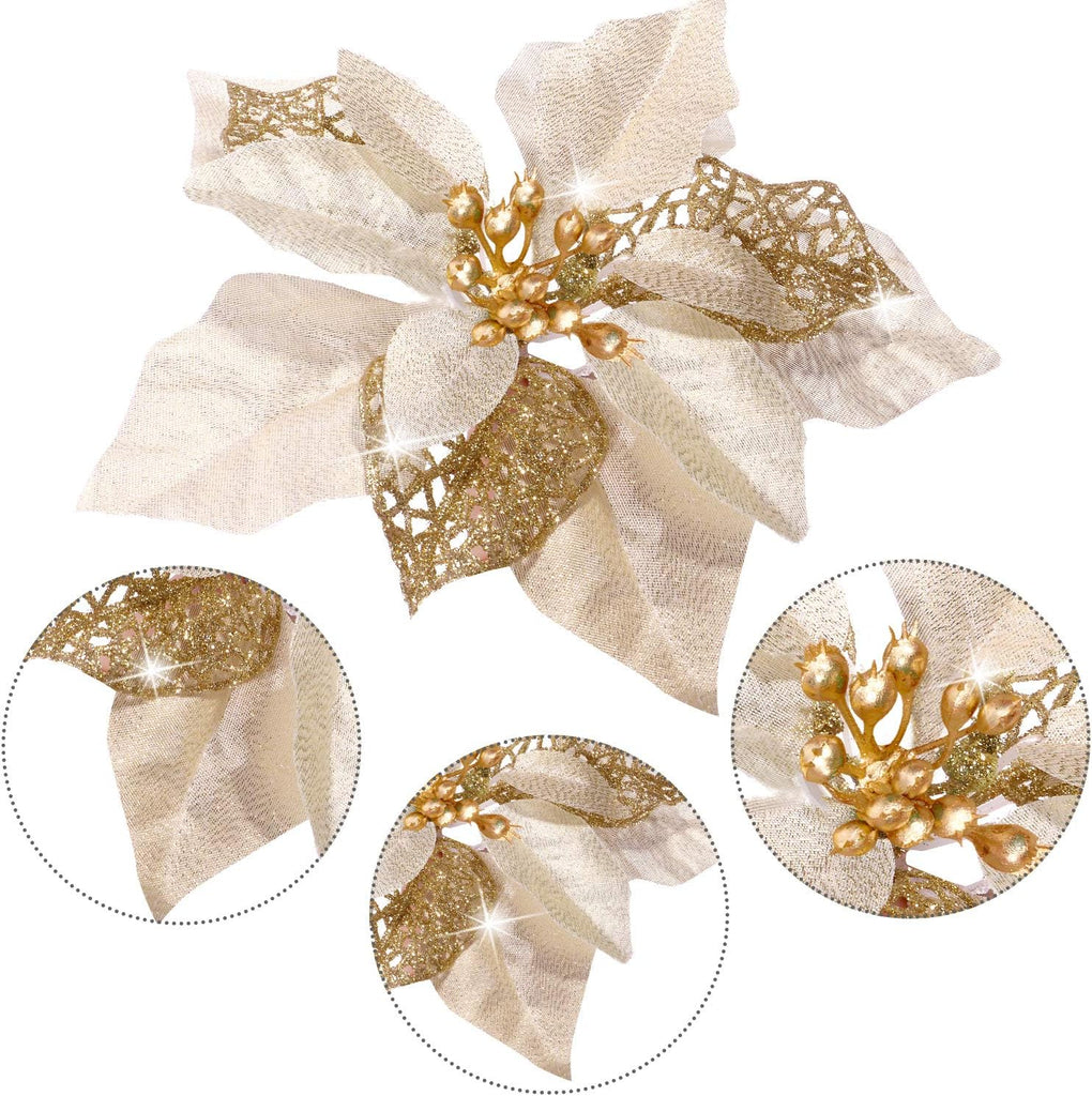 Christmas Artificial Glitter Poinsettia Flowers Xmas Flowers Wedding Christmas Tree New Year Ornaments(Gold) - Set of 24