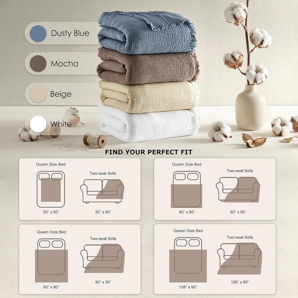 Muslin Throw Blanket 100% Cotton Blankets 4-Layer Breathable Lightweight Soft
