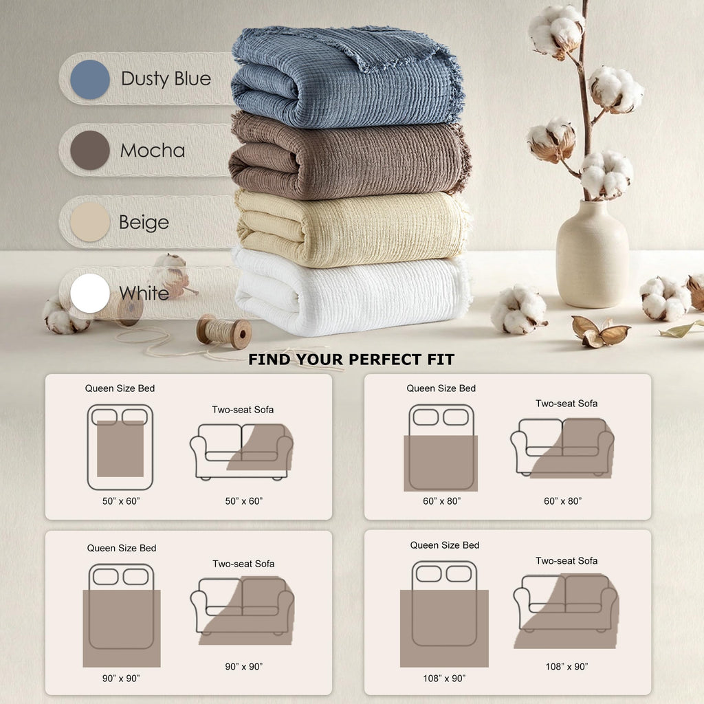100% Cotton Muslin Blanket 4-Layer for Bed Breathable Lightweight Soft Large Boho Farmhouse Linen Tassels