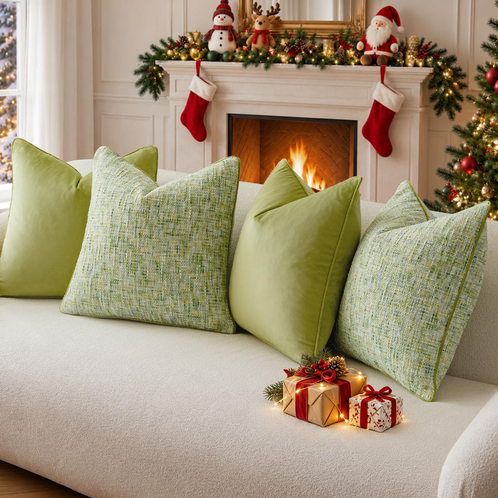Green 4 Pack Throw Pillow Covers - Chenille & Velvet Set with Piping, Farmhouse Textured Design Pillow Cases for