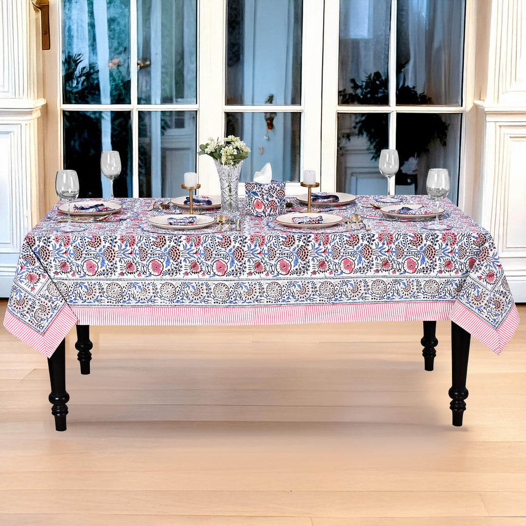Blue & Pink Hand Block Print Square Tablecloth 60x60 Inch