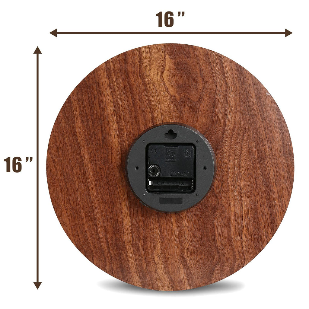 Extra Large Wall Clock, 16'' Frameless Wooden Wall Clocks with Silent Quartz Movement, Rustic Country Village Walnut