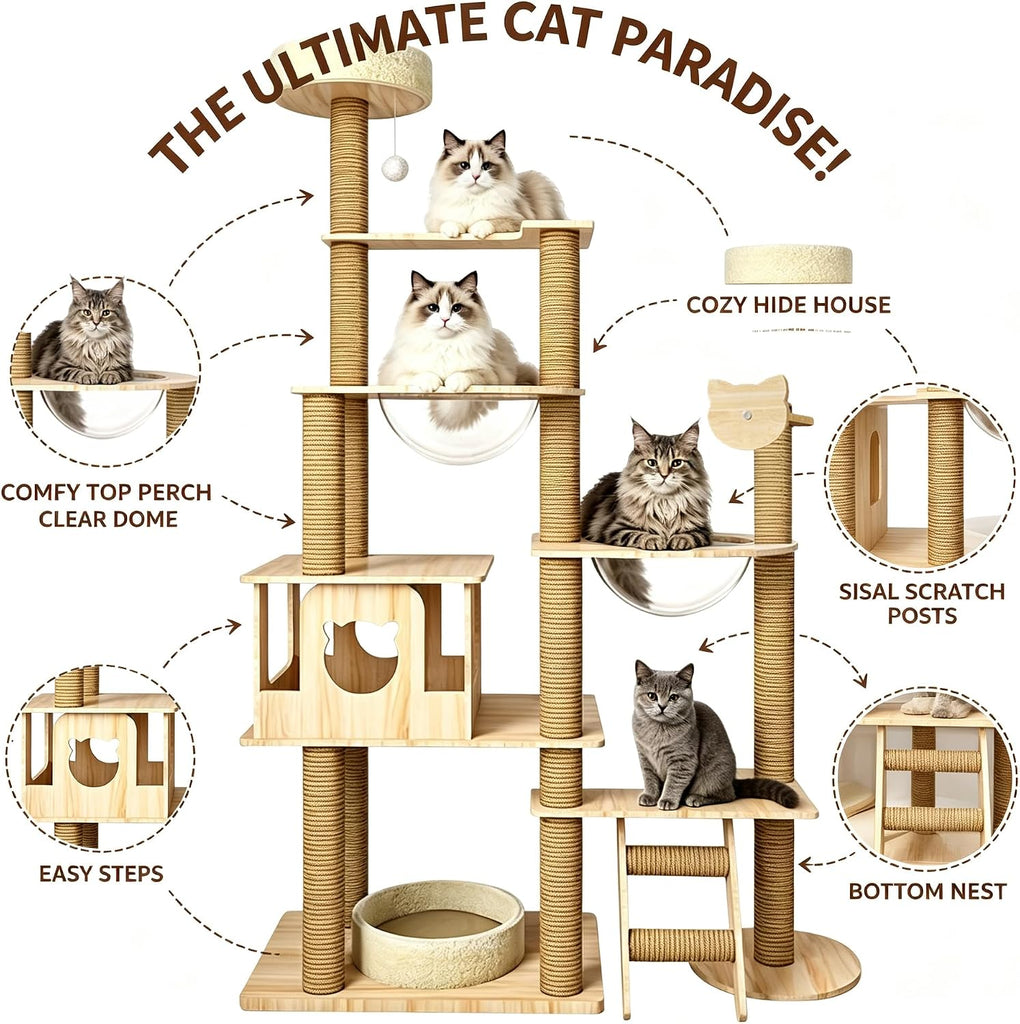 63.7-Inch Cat Tree for Indoor Cats Large Adult, 2 Space Capsule, 12 Sisal Scratching Posts, Top Perch, Toy Balls, Plush