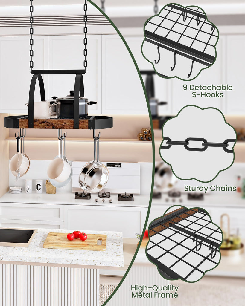 Hanging Pot Rack, Pot Hanger, Ceiling Mounted Pot Holder, Cookware Organizer with 9 S-Shaped Hooks, for Pot, Pan