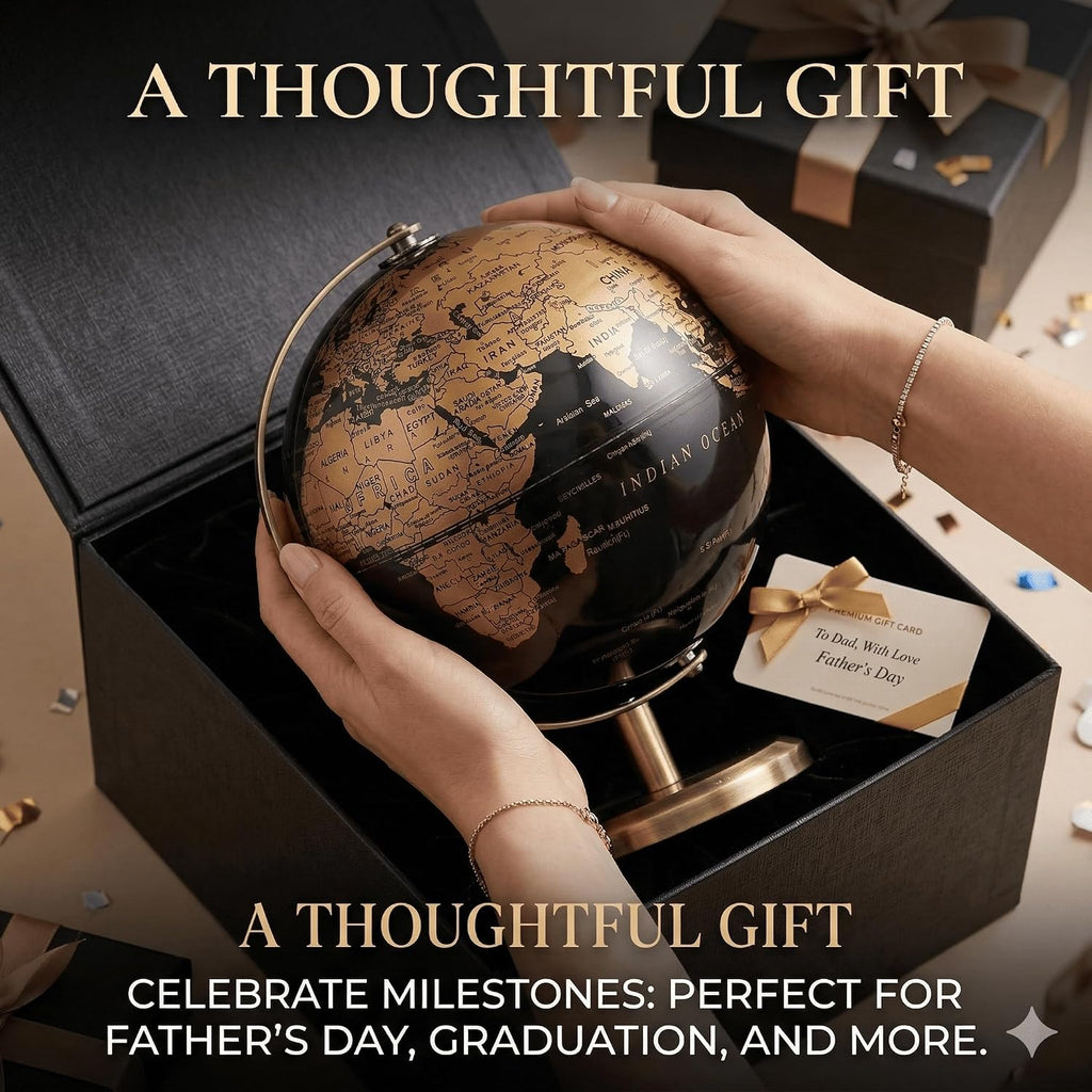 6 Inch Small World Globe with Antique Bronze Stand Black Gold Earth Desktop Decor for Kids & Adults Geography