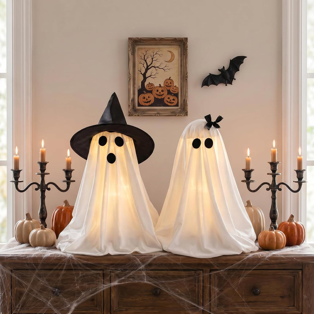 Halloween Decorations Light-Up Ghosts with Witch Hats, Indoor Ghost Decor - Set of 2