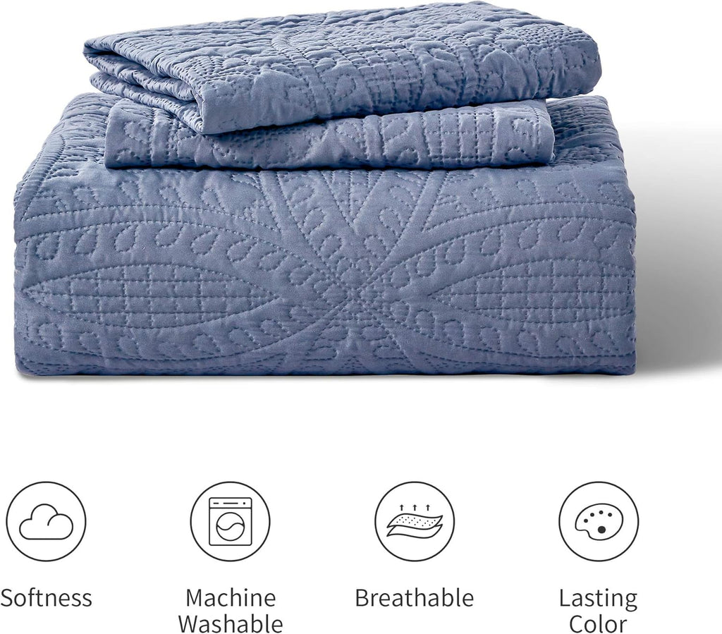 King Quilt Set Blue Bedspreads - Soft Bed Summer Lightweight Bedspread Comforter - Modern Style Coin Pattern Coverlet