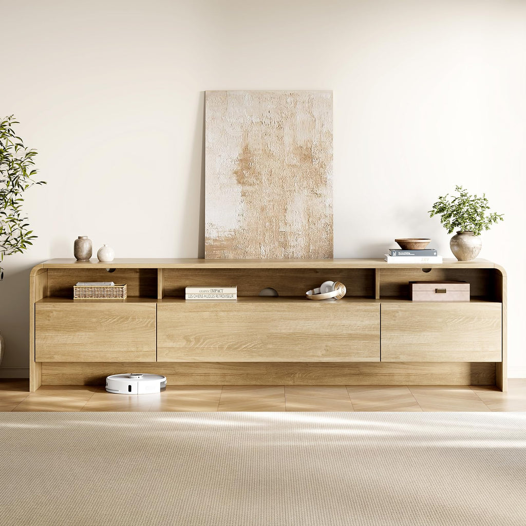 70" Modern Rounded-Corner TV Stand for 70-80 Inch TVs(Natural Oak)