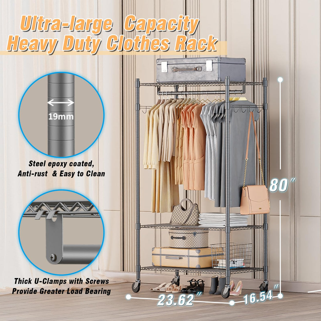 Narrow Rolling Garment Rack with Double Rods and 3 Adjustable Shelves, Compact Portable Closet Organizer, Laundry