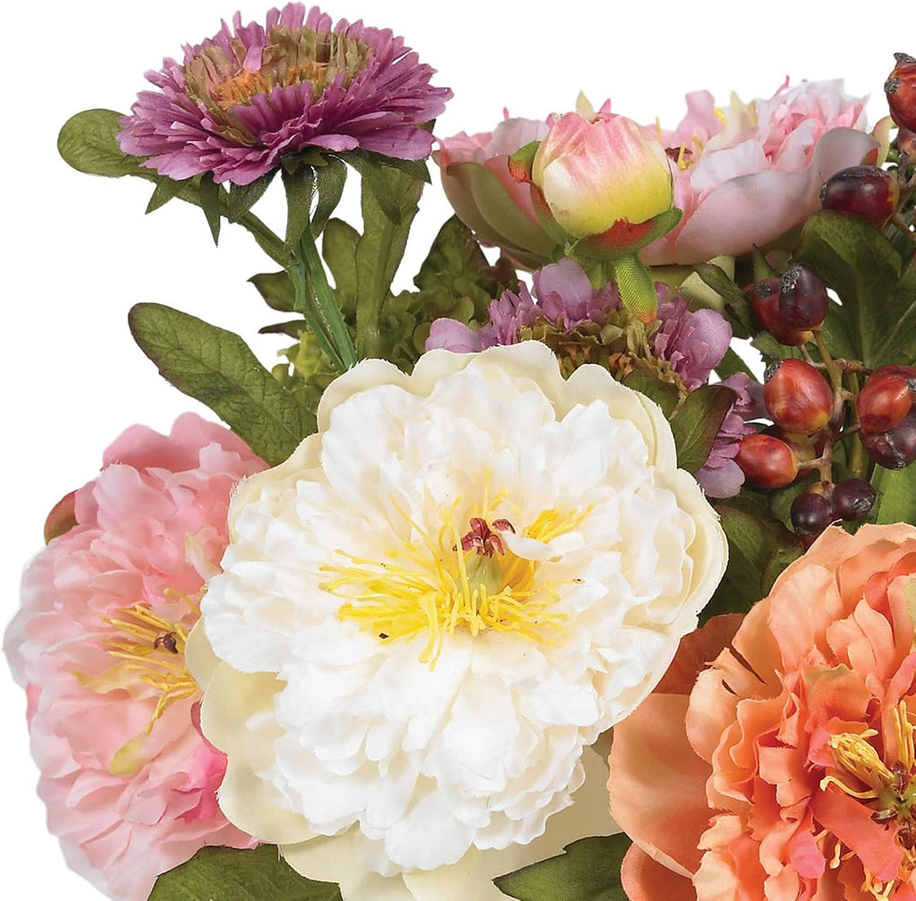 10 in Artificial Peony Arrangement in Glass Vase | Mixed Peony Faux Flower Blooms, Liquid Illusion Water in Glass