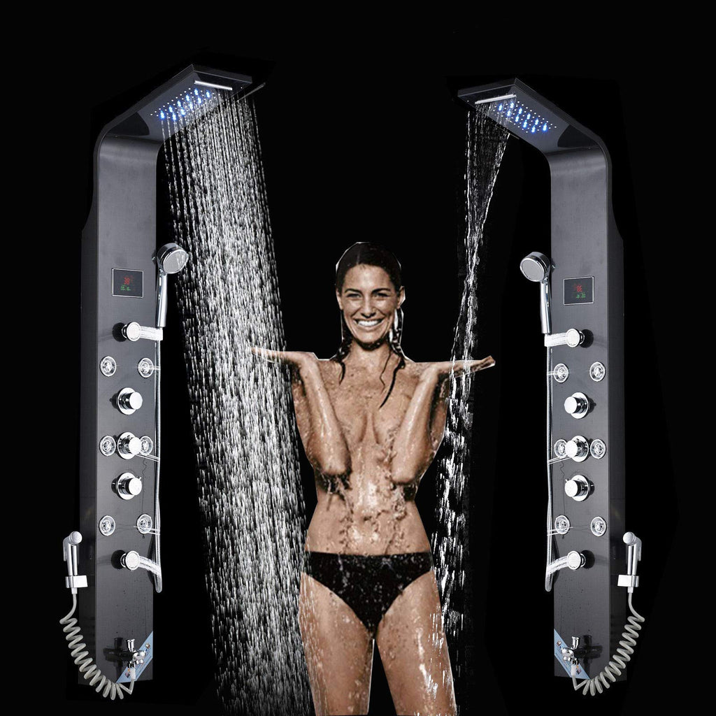 LED Shower Panel Bath Rainfall Waterfall Tower System Body Message Jets Stainless Steel Bathroom Wall Mount Shower