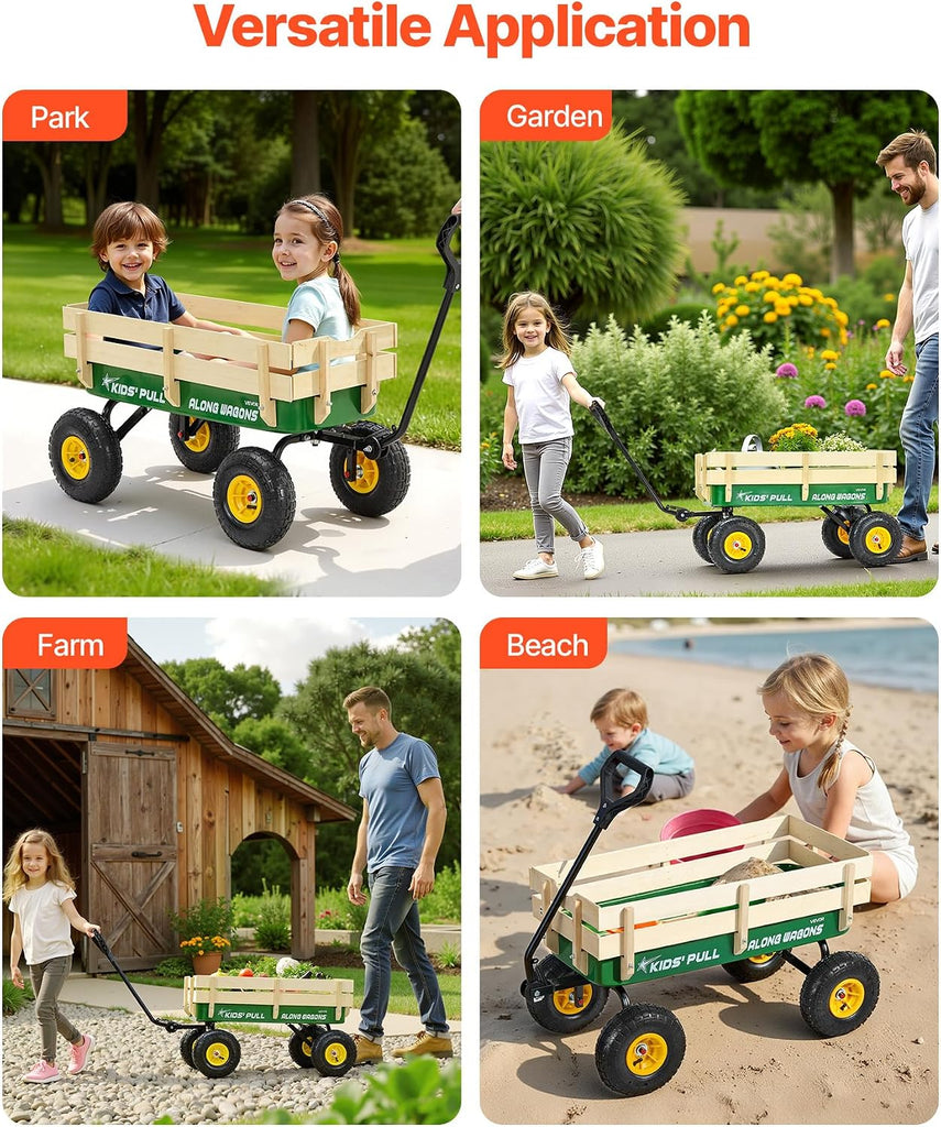 39 inch Pull Along Kids Wagon, Red Rolling Cargo Toy Wagons for Kids, Outdoor Utility Cart for Garden Beach Camping