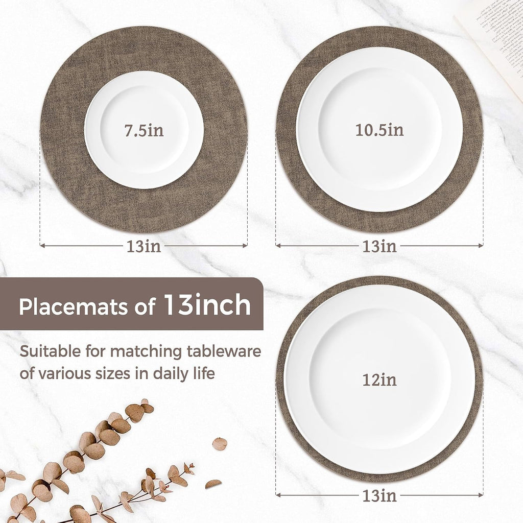 13" Round Placemats, Reversible Faux Leather Wipeable Table Mats - Set of 6