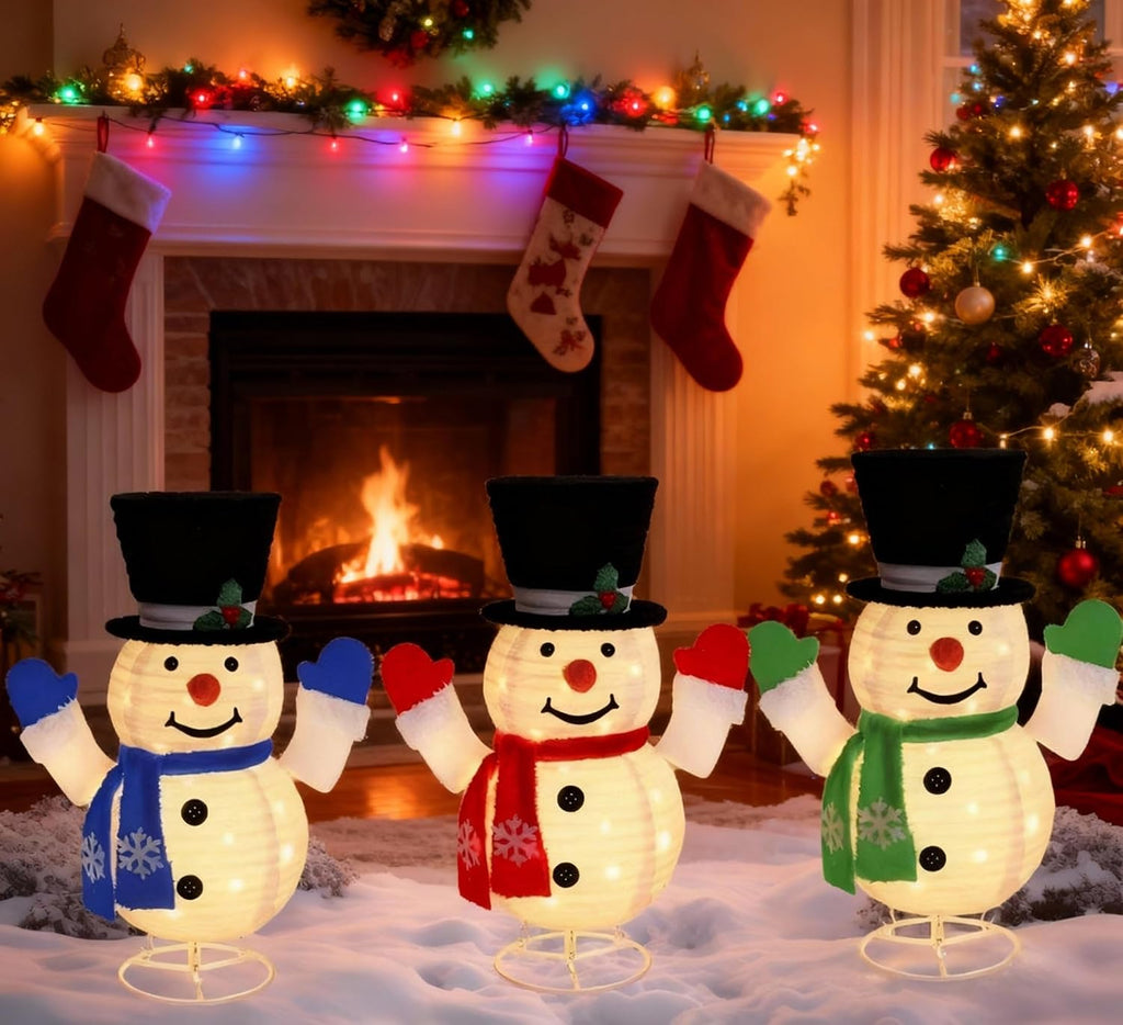 3 Pcs Lighted Outdoor Snowman Family Set Pop up Lighted Christmas Snowman Collapsible Festive Winter Christmas