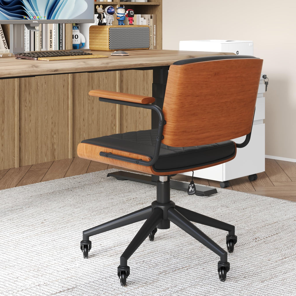 Mid-Century Modern Office Chair with Rubber Wheels & Walnut Arms - PU Leather Mid-Back Desk Chair, Bentwood Backrest