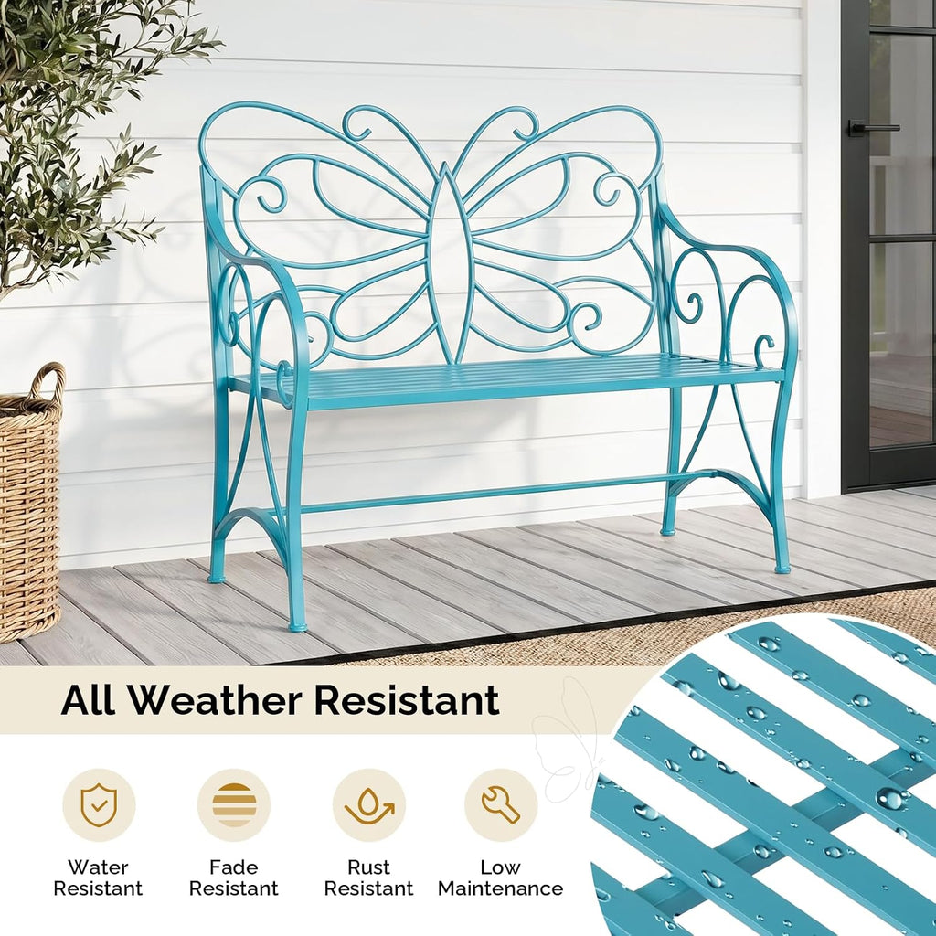 38.7in Cast Iron Outdoor Bench with Cushion, All Weather Resistant Metal Bench with Curved Armrests and Butterfly